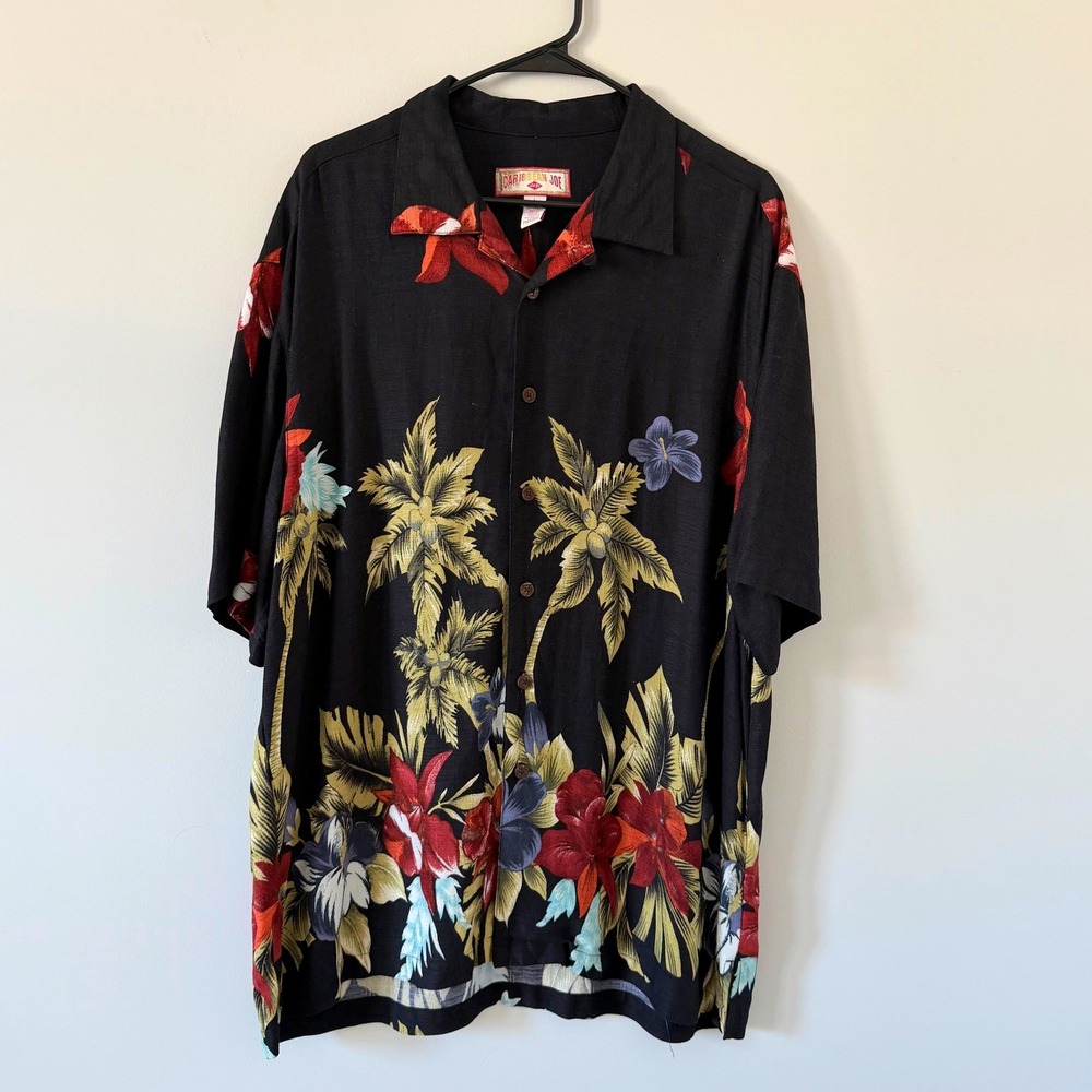 Caribbean Joe Mens‎ Black Tropical Floral Palm Tree Rayon Cabana Camp Shirt LG